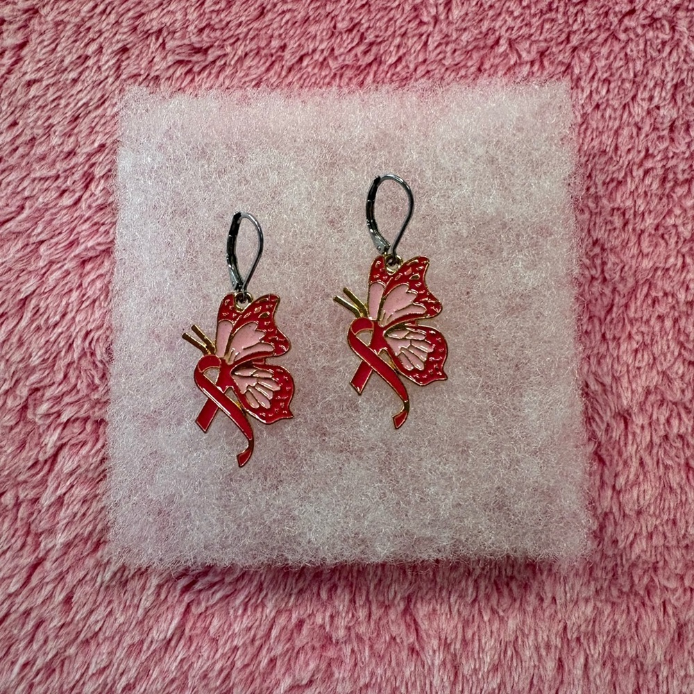 Breast Cancer Awareness Pink Ribbon Butterfly Earrings